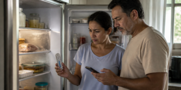 Casal observa os alimentos em uma geladeira aberta enquanto a mulher segura um termômetro e o homem consulta o celular, com expressão de preocupação.
