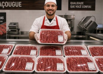 Açougueiro sorridente segura uma bandeja com tiras de carne bovina diante de um balcão refrigerado cheio de bifes já cortados e embalados.