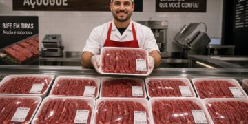Açougueiro sorridente segura uma bandeja com tiras de carne bovina diante de um balcão refrigerado cheio de bifes já cortados e embalados.