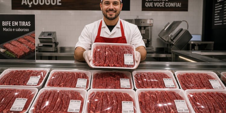 Açougueiro sorridente segura uma bandeja com tiras de carne bovina diante de um balcão refrigerado cheio de bifes já cortados e embalados.