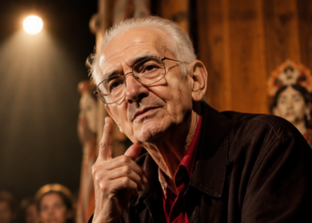 Homem idoso de cabelos brancos e óculos faz gesto reflexivo com a mão diante de cenário teatral iluminado em tons quentes.