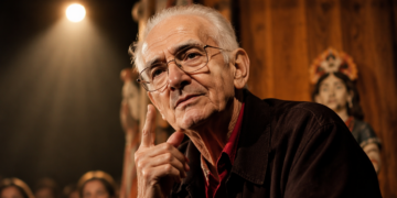 Homem idoso de cabelos brancos e óculos faz gesto reflexivo com a mão diante de cenário teatral iluminado em tons quentes.