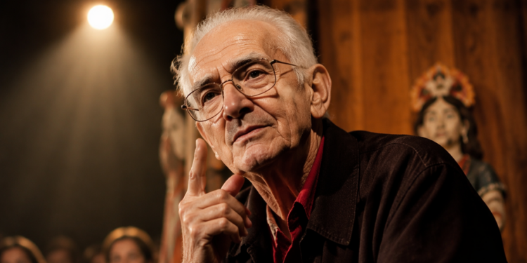 Homem idoso de cabelos brancos e óculos faz gesto reflexivo com a mão diante de cenário teatral iluminado em tons quentes.