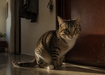 Gato tigrado sentado diante de uma porta de madeira, com olhar atento, em corredor doméstico iluminado pela luz do sol.