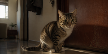 Gato tigrado sentado diante de uma porta de madeira, com olhar atento, em corredor doméstico iluminado pela luz do sol.