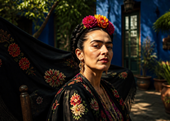 Mulher com cabelos trançados, flores coloridas na cabeça e roupa bordada posa diante de uma casa azul cercada por plantas.