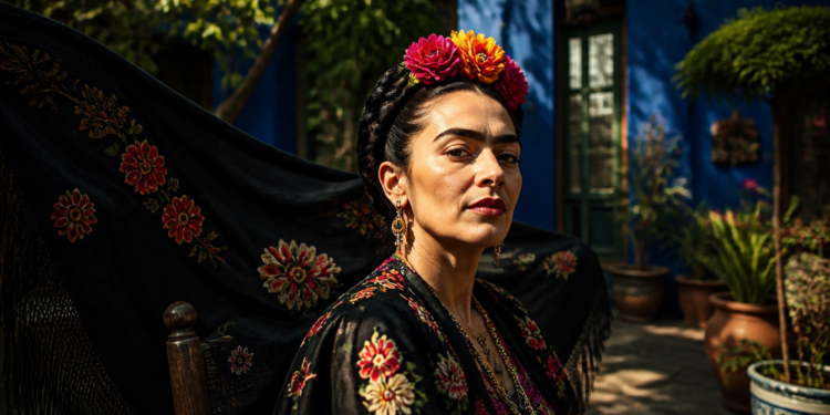 Mulher com cabelos trançados, flores coloridas na cabeça e roupa bordada posa diante de uma casa azul cercada por plantas.