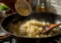 Mão adiciona alho picado a uma frigideira com cebola refogada, enquanto uma colher de madeira repousa sobre a mistura.