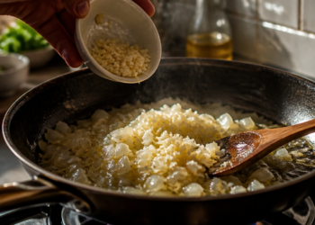 Mão adiciona alho picado a uma frigideira com cebola refogada, enquanto uma colher de madeira repousa sobre a mistura.