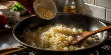 Mão adiciona alho picado a uma frigideira com cebola refogada, enquanto uma colher de madeira repousa sobre a mistura.