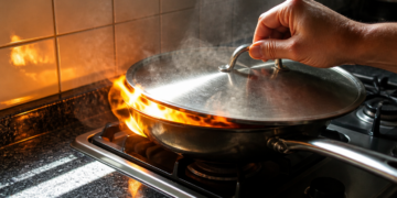 Mão segura a tampa metálica sobre uma frigideira cercada por chamas em um fogão a gás, enquanto fumaça sobe na cozinha.