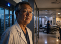 Médico mais velho de óculos e jaleco branco permanece em um corredor hospitalar, com leitos e uma profissional de saúde ao fundo.