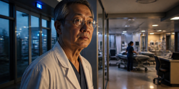 Médico mais velho de óculos e jaleco branco permanece em um corredor hospitalar, com leitos e uma profissional de saúde ao fundo.