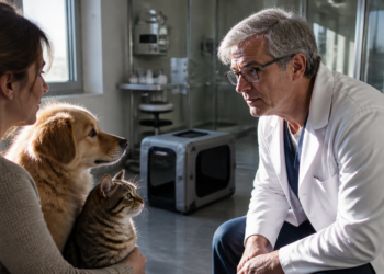 Veterinário de cabelos grisalhos conversa com uma mulher que segura um gato, enquanto um cão permanece ao lado em uma clínica.
