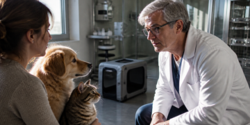Veterinário de cabelos grisalhos conversa com uma mulher que segura um gato, enquanto um cão permanece ao lado em uma clínica.
