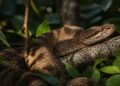 Serpente marrom enrolada sobre um galho entre folhas verdes na vegetação densa da Ilha da Queimada Grande.