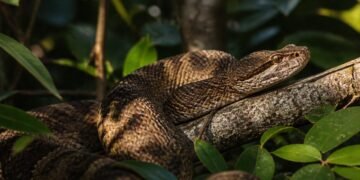 Serpente marrom enrolada sobre um galho entre folhas verdes na vegetação densa da Ilha da Queimada Grande.