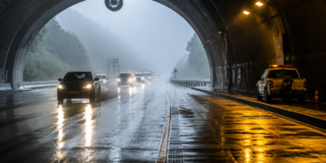 Veículos circulam por uma pista molhada na saída de um túnel da Rodovia dos Imigrantes, com neblina, vegetação e carro de serviço no acostamento.