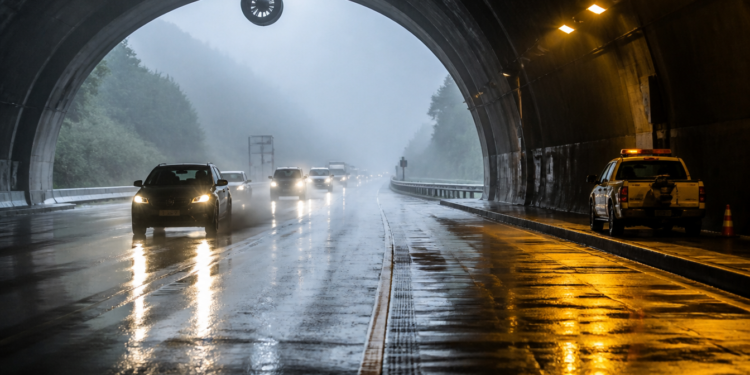 Veículos circulam por uma pista molhada na saída de um túnel da Rodovia dos Imigrantes, com neblina, vegetação e carro de serviço no acostamento.