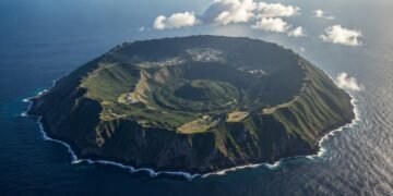 Vista aérea de Aogashima, uma ilha vulcânica cercada pelo oceano, com encostas íngremes, caldeira central coberta por vegetação e pequenas construções.