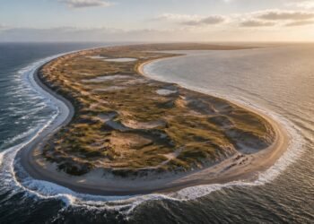 Vista aérea da Ilha Sable, com dunas, vegetação rasteira, lagoas e uma estreita faixa de areia cercada pelo oceano Atlântico.