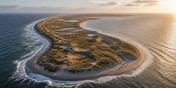 Vista aérea da Ilha Sable, com dunas, vegetação rasteira, lagoas e uma estreita faixa de areia cercada pelo oceano Atlântico.