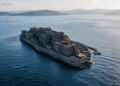 Vista aérea da ilha de Hashima cercada pelo mar, com prédios de concreto abandonados e montanhas ao fundo.