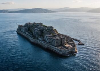 Vista aérea da ilha de Hashima cercada pelo mar, com prédios de concreto abandonados e montanhas ao fundo.