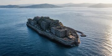 Vista aérea da ilha de Hashima cercada pelo mar, com prédios de concreto abandonados e montanhas ao fundo.