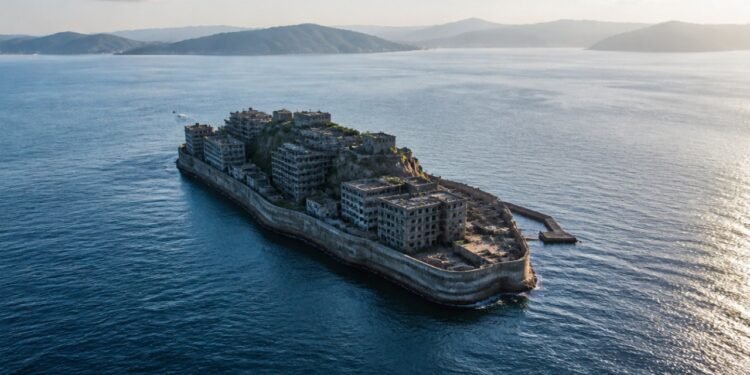 Vista aérea da ilha de Hashima cercada pelo mar, com prédios de concreto abandonados e montanhas ao fundo.