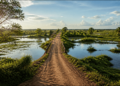 Estrada de terra atravessa uma área alagada do Pantanal por uma ponte estreita, cercada por águas, vegetação verde, árvores e palmeiras.