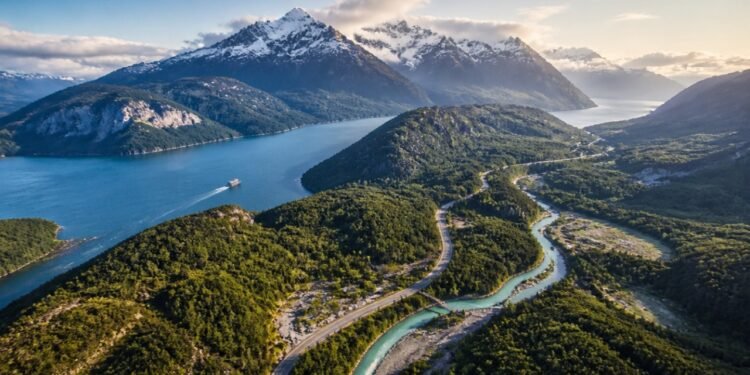 Vista aérea da Carretera Austral atravessando vales verdes da Patagônia chilena, ao lado de rios azul-turquesa, fiordes e montanhas nevadas.