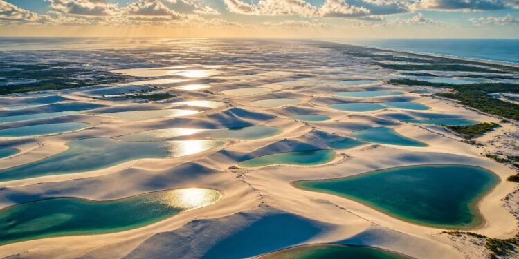 Vista aérea das dunas dos Lençóis Maranhenses com numerosas lagoas de água azul e verde formadas entre as faixas de areia clara.