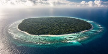 Vista aérea de uma ilha tropical coberta por floresta densa, cercada por praia clara, recifes e águas azul-turquesa.