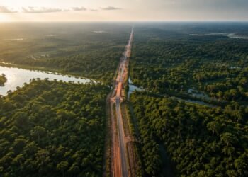 Vista aérea da BR-319 atravessando uma extensa área de floresta amazônica, com rios e trechos alagados ao redor da estrada.