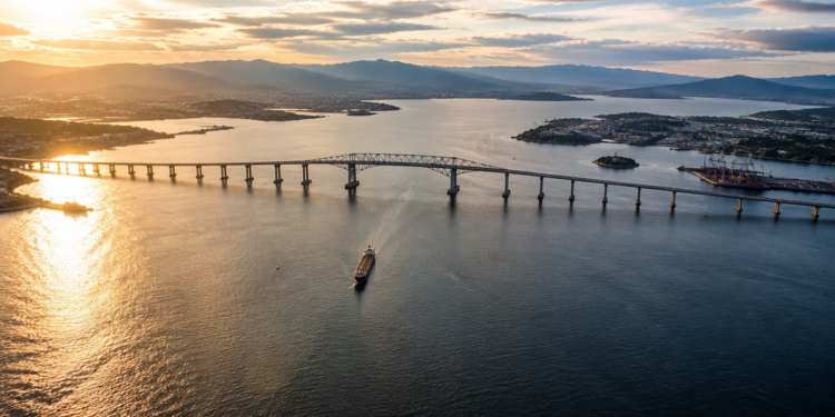 Vista aérea da Ponte Rio-Niterói atravessando a Baía de Guanabara ao pôr do sol, com um grande navio navegando sob o vão central.