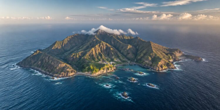 Vista aérea da Ilha da Trindade, com relevo montanhoso, costa rochosa, pequena área construída junto a uma enseada e oceano ao redor.