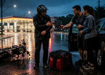 Entregador com capacete e jaqueta molhada está ao lado de uma motocicleta caída na rua, enquanto um homem e uma mulher próximos a um carro falam com ele em uma noite chuvosa.