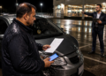 Homem em um estacionamento à noite observa um documento e um celular ao lado de um carro cinza avariado, enquanto outro homem aponta ao fundo.