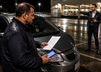 Homem em um estacionamento à noite observa um documento e um celular ao lado de um carro cinza avariado, enquanto outro homem aponta ao fundo.