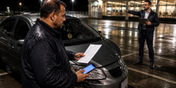 Homem em um estacionamento à noite observa um documento e um celular ao lado de um carro cinza avariado, enquanto outro homem aponta ao fundo.
