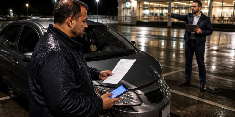 Homem em um estacionamento à noite observa um documento e um celular ao lado de um carro cinza avariado, enquanto outro homem aponta ao fundo.