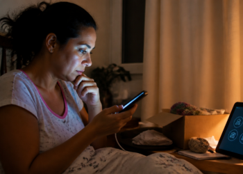 Mulher sentada na cama à noite observa o celular com expressão preocupada, ao lado de uma mesa com abajur, caixa aberta e tablet com ícones na tela.