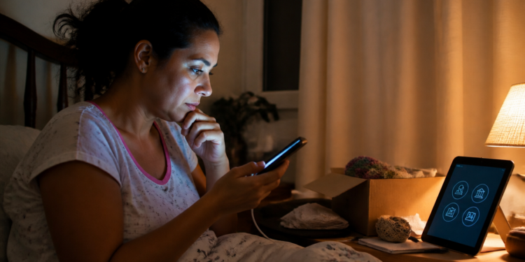 Mulher sentada na cama à noite observa o celular com expressão preocupada, ao lado de uma mesa com abajur, caixa aberta e tablet com ícones na tela.