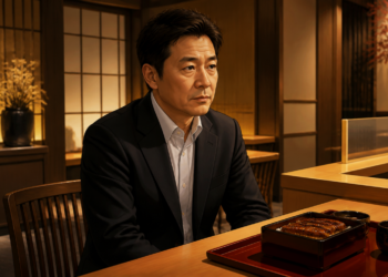 Homem de terno sentado sozinho diante de uma refeição em um restaurante de estilo japonês, com expressão séria e ambiente iluminado por tons quentes.