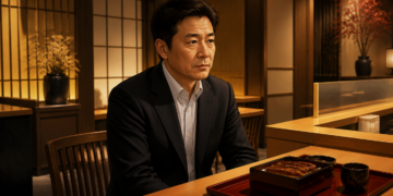Homem de terno sentado sozinho diante de uma refeição em um restaurante de estilo japonês, com expressão séria e ambiente iluminado por tons quentes.