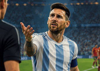 Jogador de futebol com uniforme listrado em azul e branco gesticula diante de um árbitro durante uma partida, com expressão de tensão e questionamento.