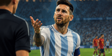 Jogador de futebol com uniforme listrado em azul e branco gesticula diante de um árbitro durante uma partida, com expressão de tensão e questionamento.