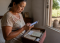 Mulher em pé dentro de casa consulta o celular enquanto segura uma caixa com documentos antigos, perto de uma janela com vista para o campo.