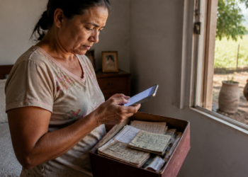 Mulher em pé dentro de casa consulta o celular enquanto segura uma caixa com documentos antigos, perto de uma janela com vista para o campo.